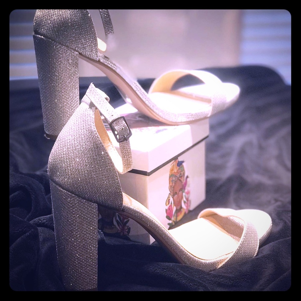 Glitter Silver Strappy Block Heel.